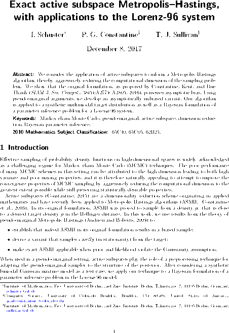 Exact active subspace Metropolis-Hastings, with applications to the Lorenz-96 system