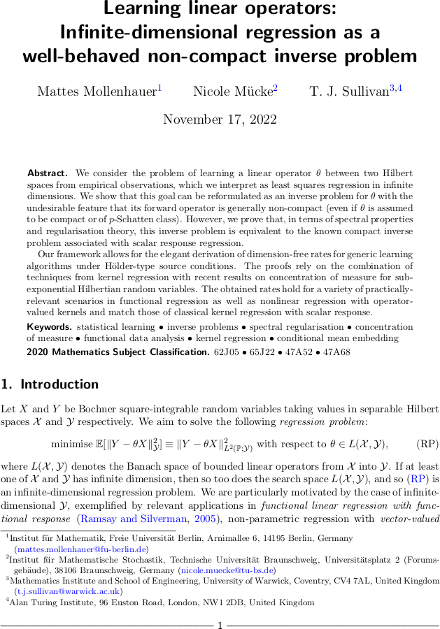 Learning linear operators: Infinite-dimensional regression as a well-behaved non-compact inverse problem