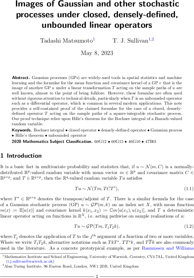 Images of Gaussian and other stochastic processes under closed, densely-defined, unbounded linear operators