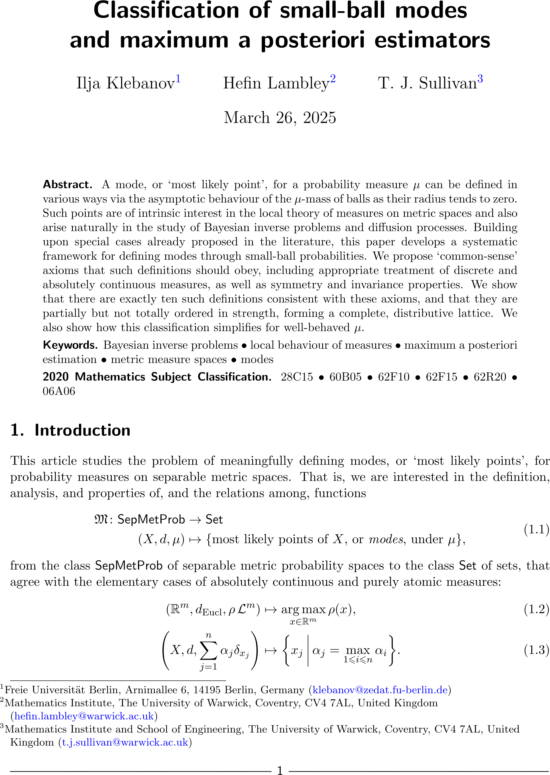 Classification of small-ball modes and maximum a posteriori estimators