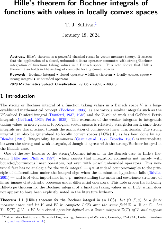 Hille's theorem for Bochner integrals of functions with values in locally convex spaces