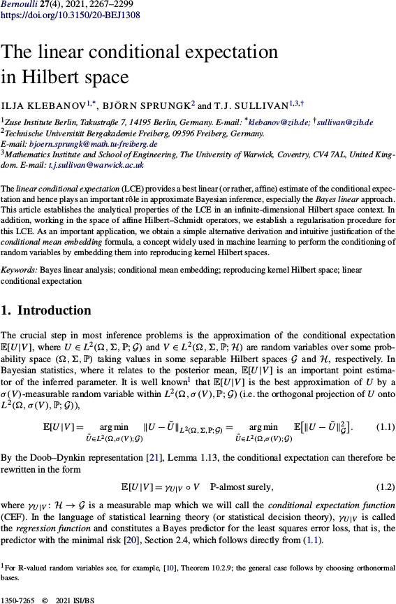 The linear conditional expectation in Hilbert space