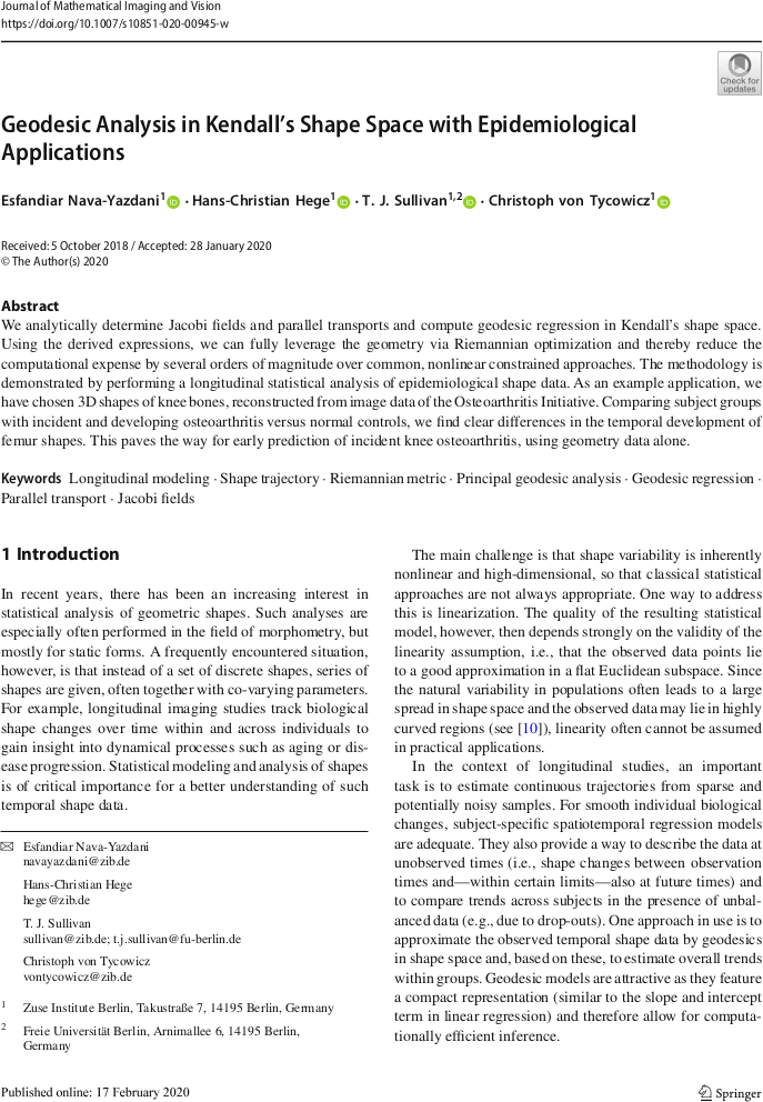 Geodesic analysis in Kendall's shape space with epidemiological applications