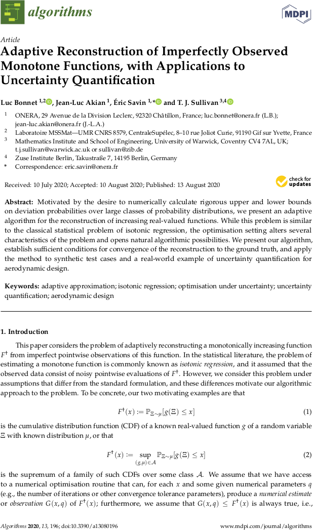 Adaptive reconstruction of imperfectly-observed monotone functions, with applications to uncertainty quantification