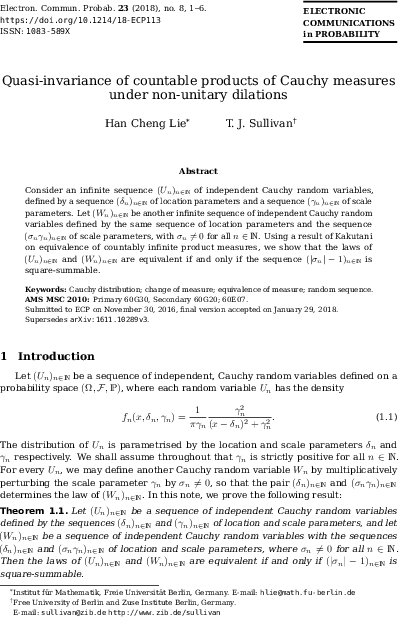 Quasi-invariance of countable products of Cauchy measures under non-unitary dilations