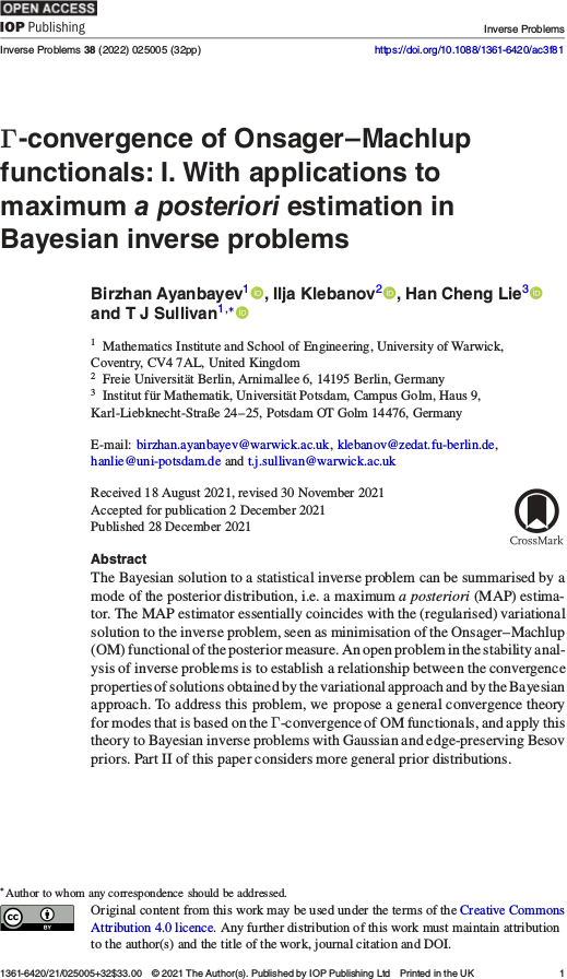 Γ-convergence of Onsager–Machlup functionals